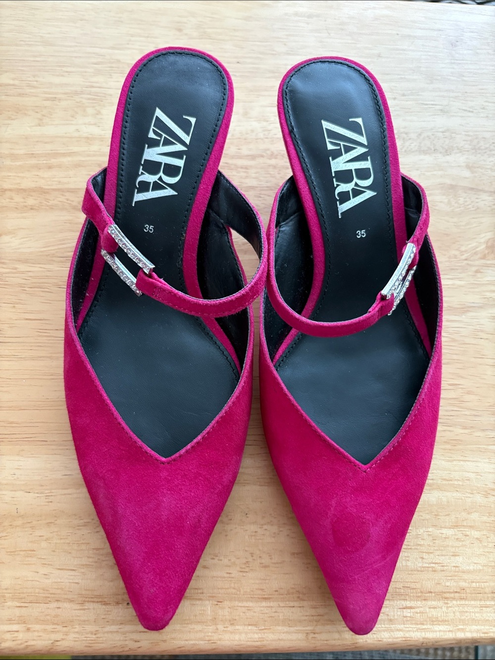 Zara Fuchsia Pointed Suede Mules with Buckle Strap